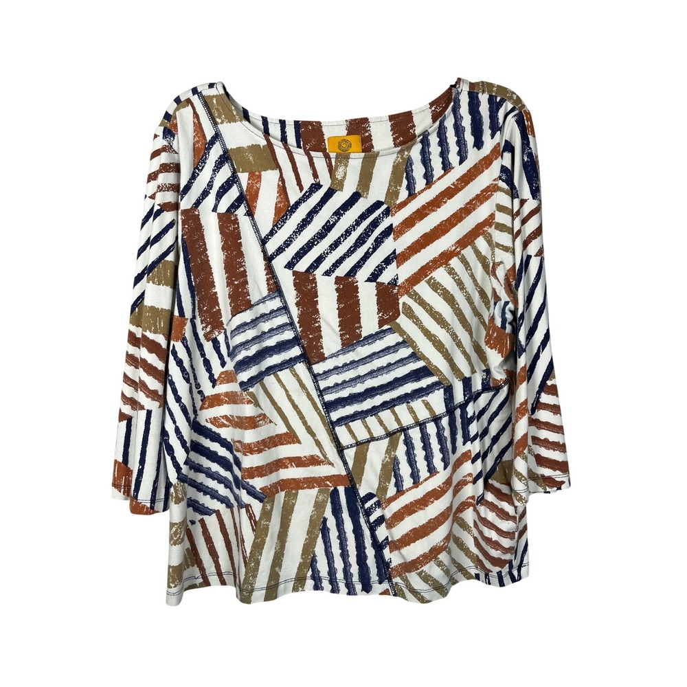 Ruby Rd Womens XL Abstract Geometric‎ Stripe Knit Top 3/4 Sleeve Boat Neck Multi